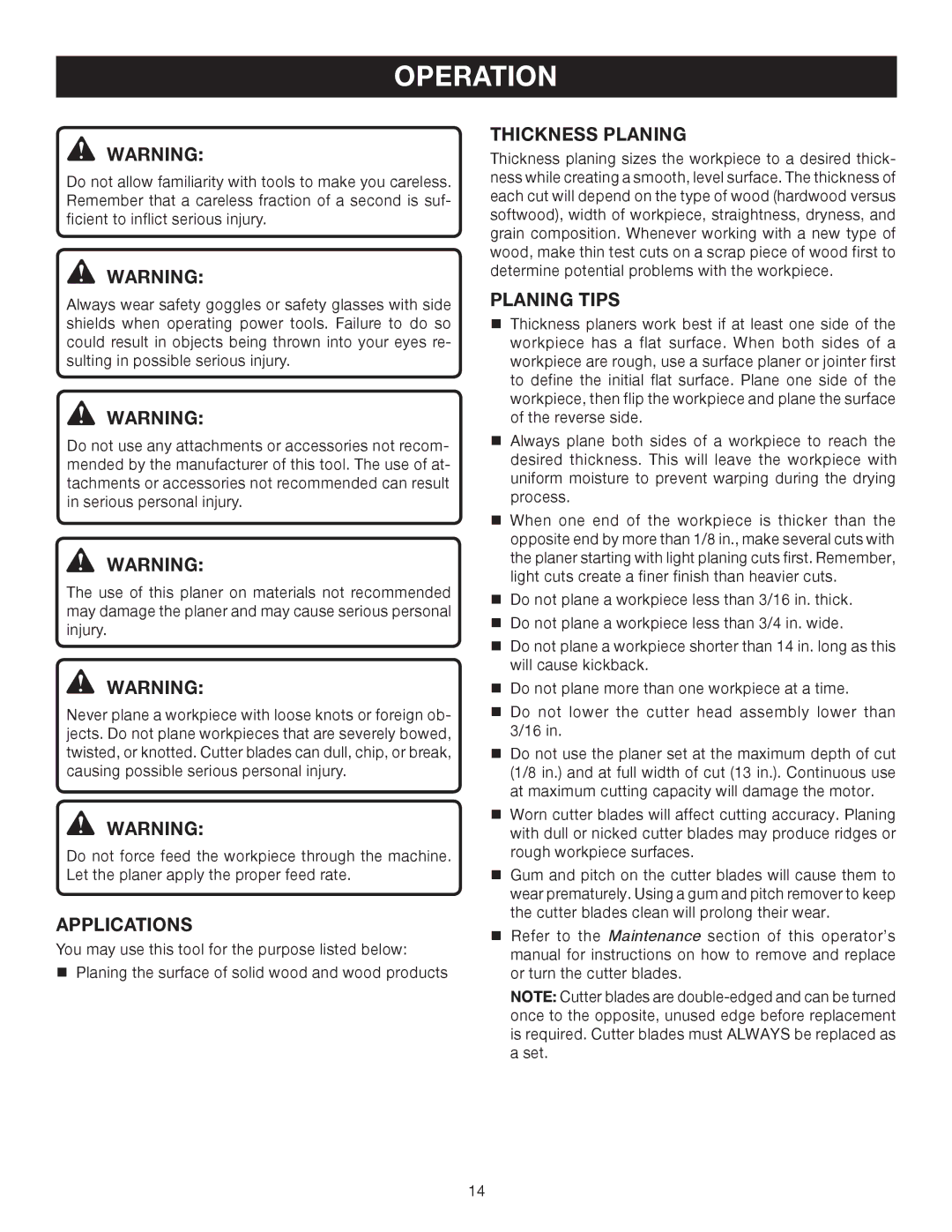 Ryobi AP1301 manual Operation, Applications, Thickness Planing, Planing Tips 
