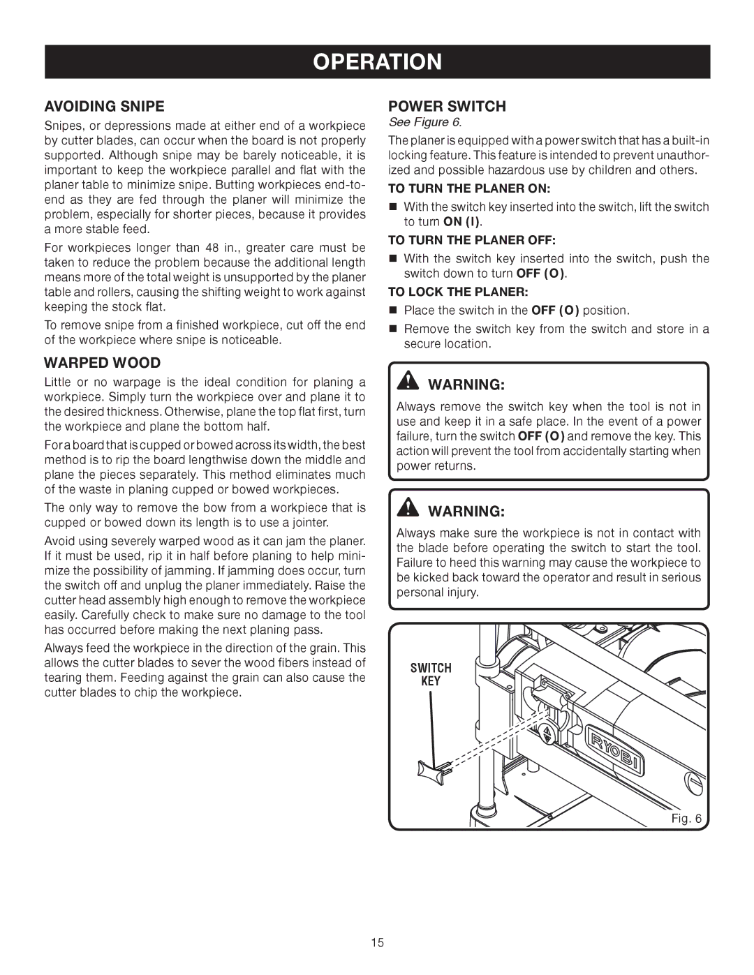 Ryobi AP1301 manual Avoiding Snipe, Warped Wood, Power Switch 