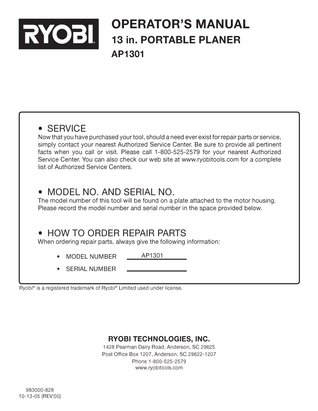 Ryobi AP1301 manual Service Model NO. and Serial no 