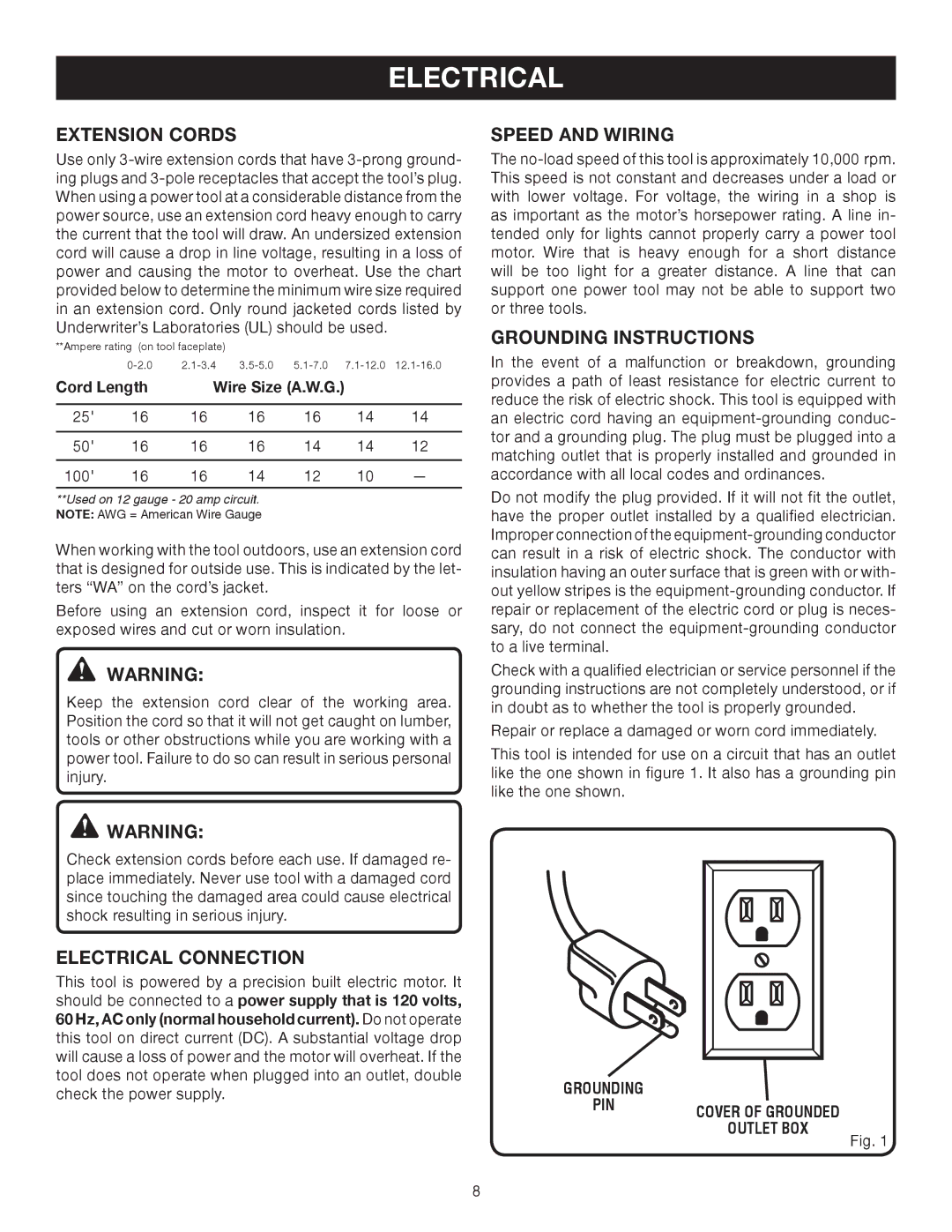 Ryobi AP1301 manual Extension Cords, Electrical Connection, Speed and Wiring, Grounding Instructions 