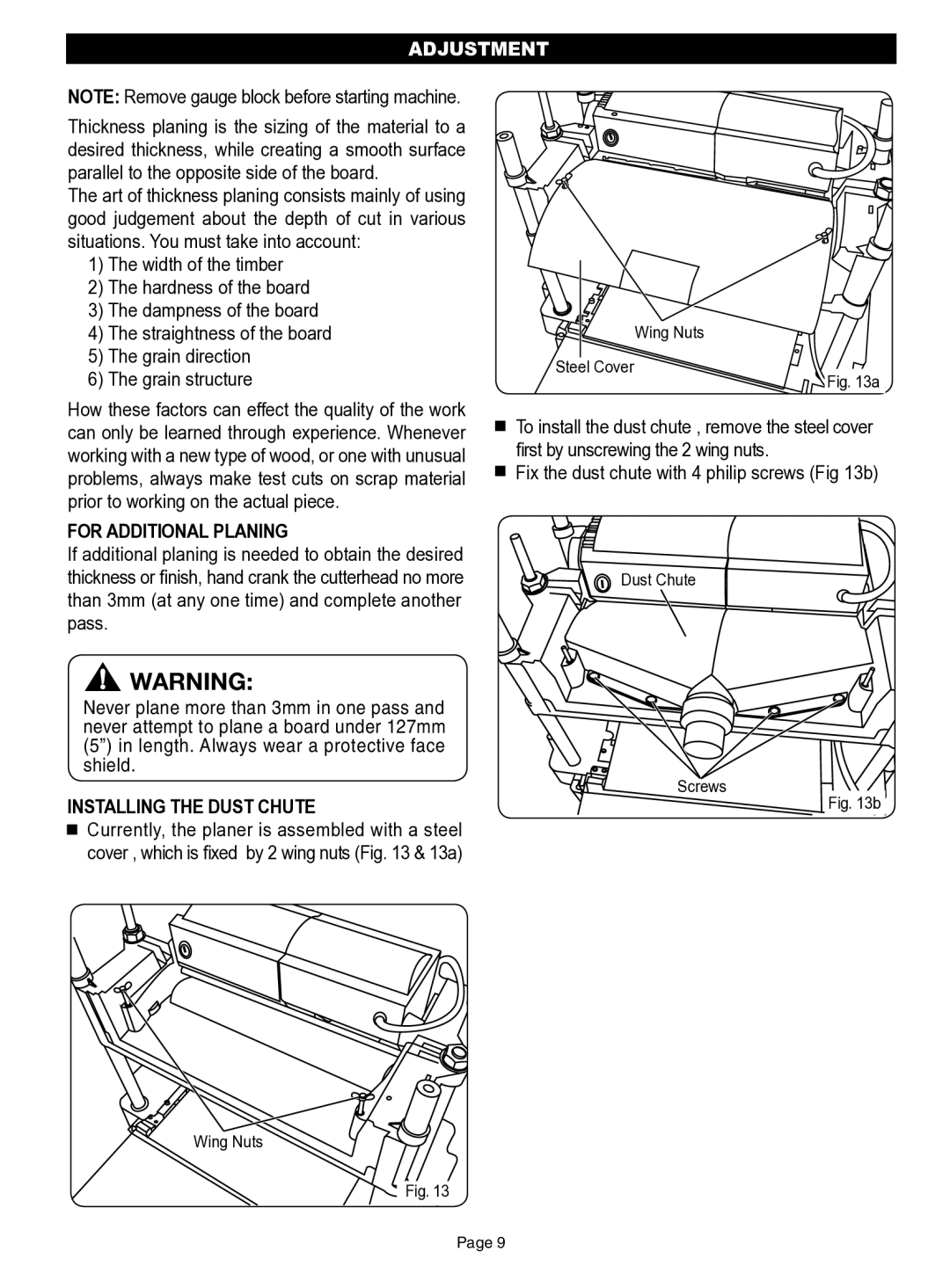 Ryobi AP13AK operation manual For Additional Planing, Installing the Dust Chute 