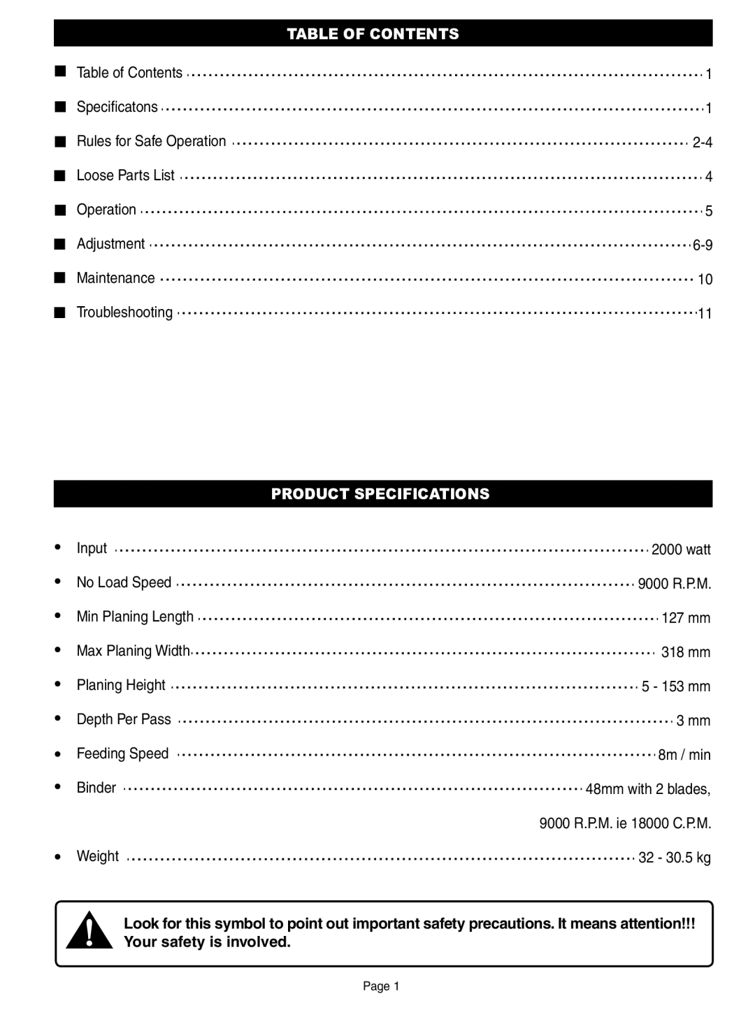 Ryobi AP13AK operation manual Table of Contents, Product Specifications 