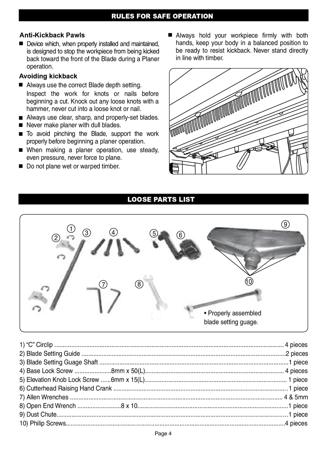 Ryobi AP13AK operation manual Anti-Kickback Pawls, Avoiding kickback, Loose Parts List 