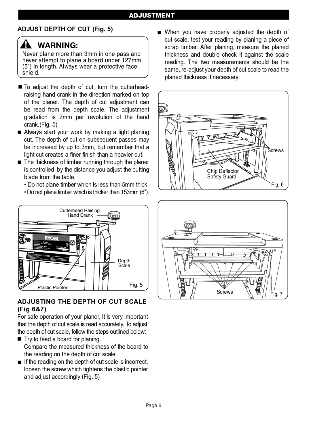 Ryobi AP13AK operation manual Adjustment, Adjust Depth of CUT Fig, Adjusting the Depth of CUT Scale &7 