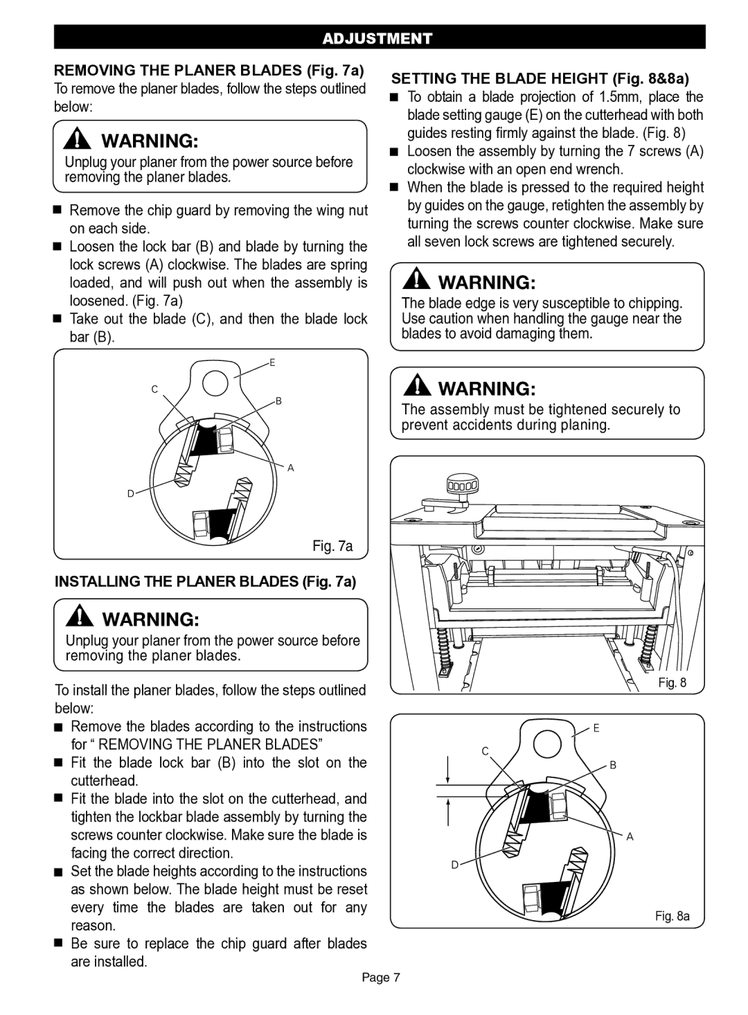 Ryobi AP13AK operation manual Installing the Planer Blades a, Fit the blade lock bar B into the slot on the cutterhead 