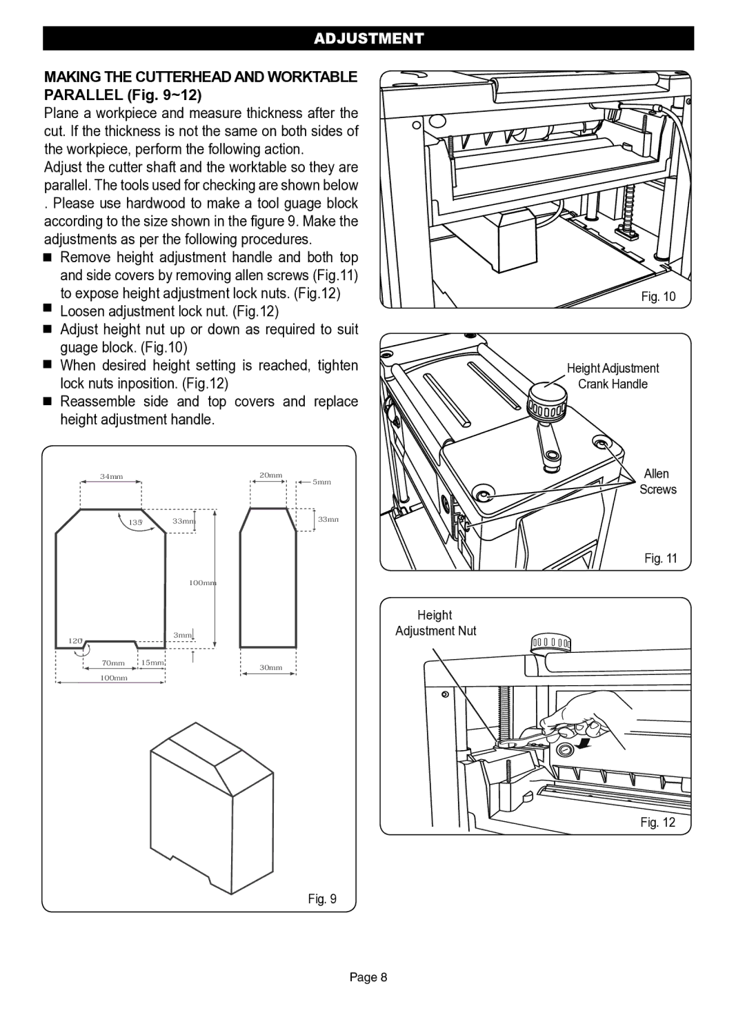 Ryobi AP13AK operation manual Making the Cutterhead and Worktable Parallel ~12 