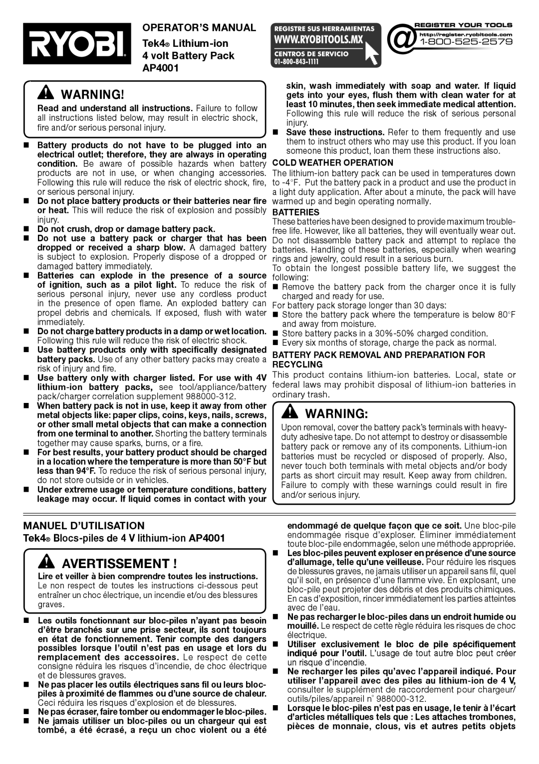 Ryobi AP4001 manuel dutilisation Cold Weather Operation, Batteries, Battery Pack Removal and Preparation for Recycling 