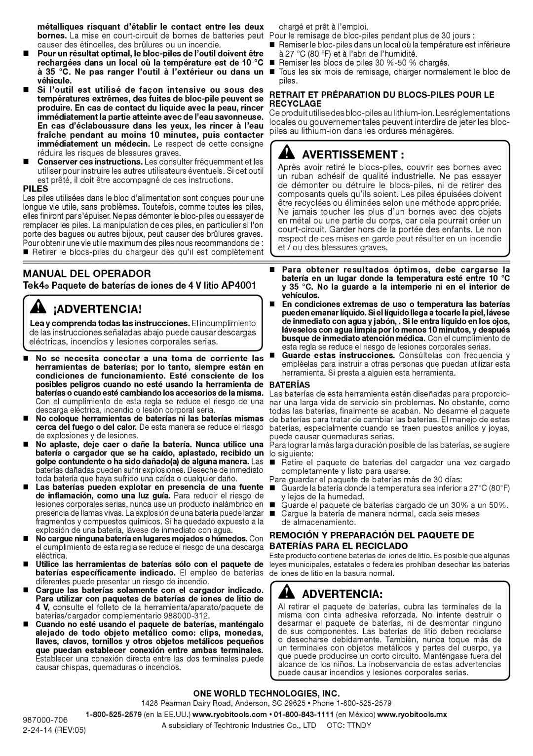 Ryobi AP4001 manuel dutilisation Avertissement, ¡Advertencia 