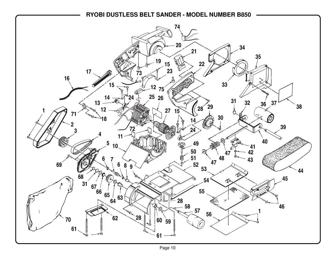 Ryobi specifications Ryobi Dustless Belt Sander Model Number B850 