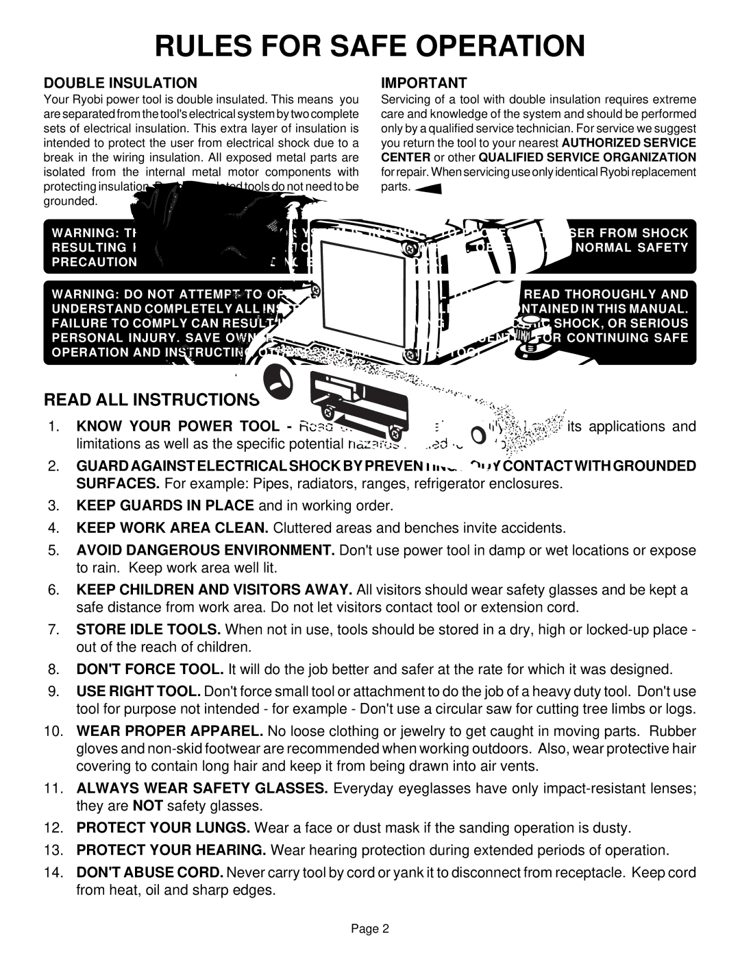 Ryobi B850 specifications Rules for Safe Operation, Double Insulation 