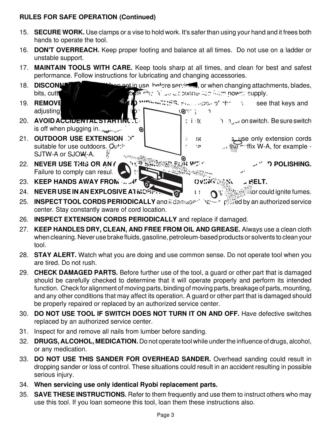 Ryobi B850 specifications Rules for Safe Operation, Keep Hands Away from Sanding Area and Moving Sanding Belt 