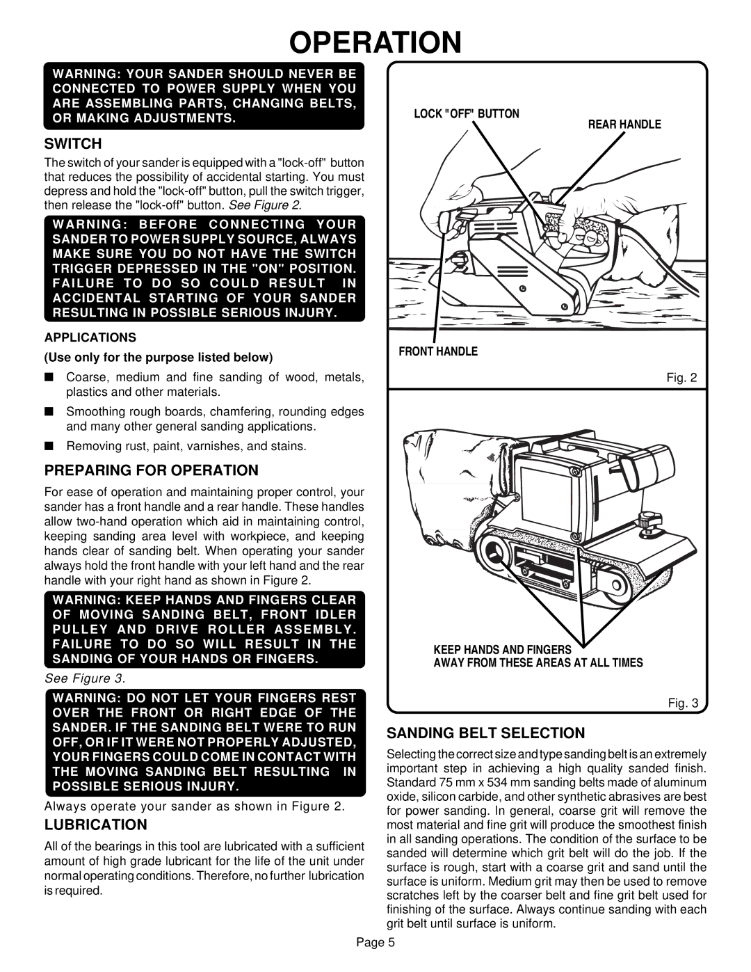 Ryobi B850 specifications Switch, Preparing for Operation, Lubrication, Sanding Belt Selection 