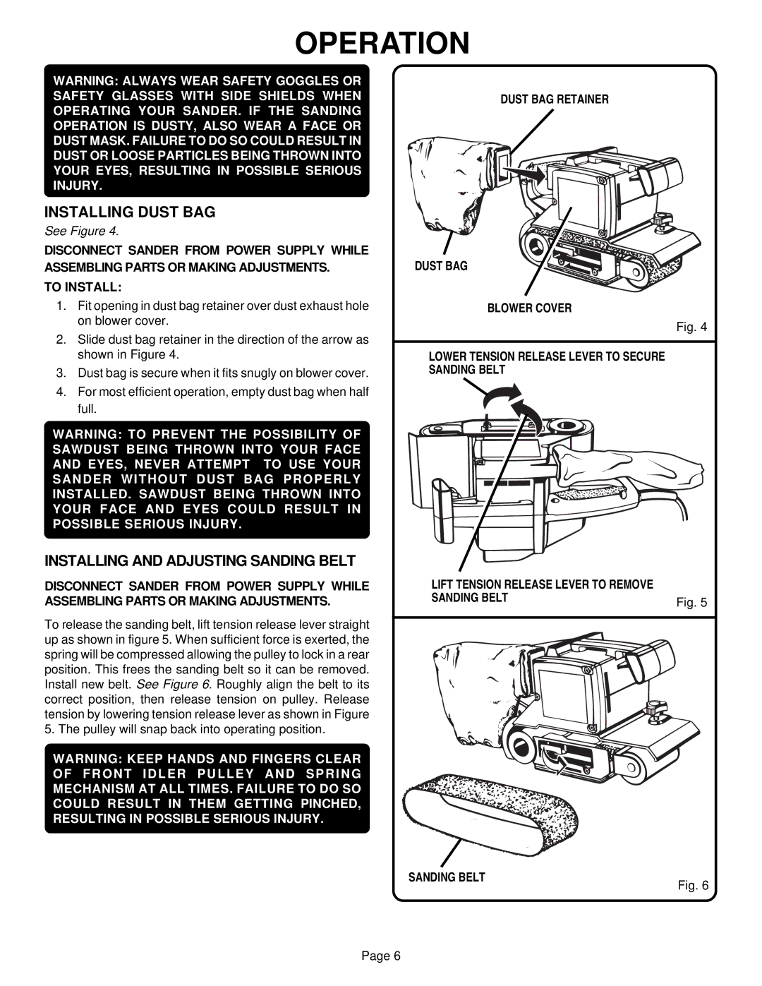 Ryobi B850 specifications Installing Dust BAG, Installing and Adjusting Sanding Belt 