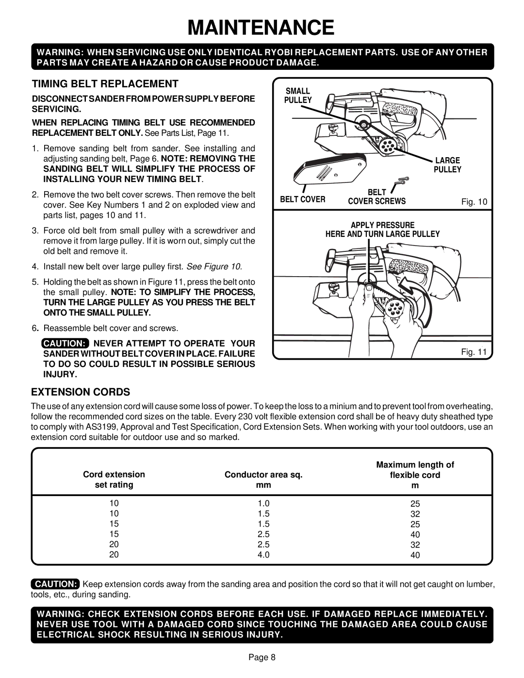 Ryobi B850 specifications Maintenance, Timing Belt Replacement, Extension Cords 