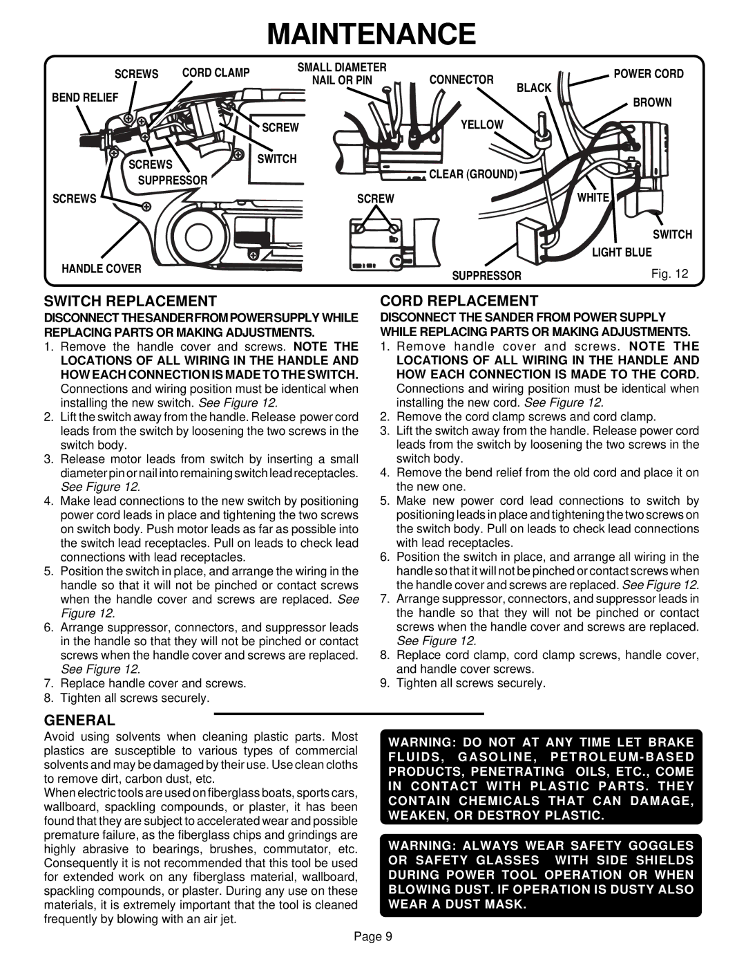 Ryobi B850 specifications Switch Replacement, Cord Replacement, General 