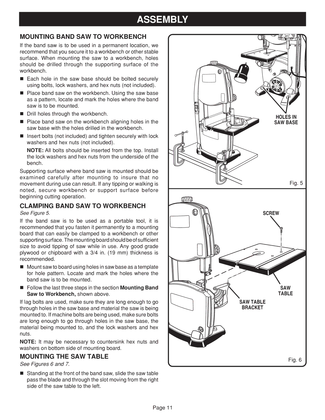 Ryobi BAND SAW manual Assembly, Mounting Band SAW to Workbench, Clamping Band SAW to Workbench, Mounting the SAW Table 