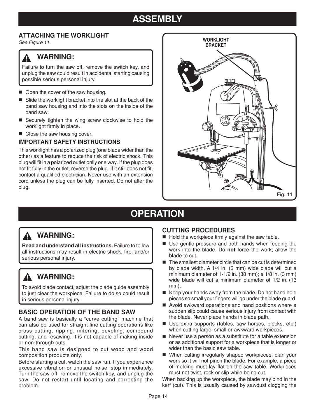 Ryobi BAND SAW manual Attaching the Worklight, Basic Operation of the Band SAW, Cutting Procedures, Worklight Bracket 