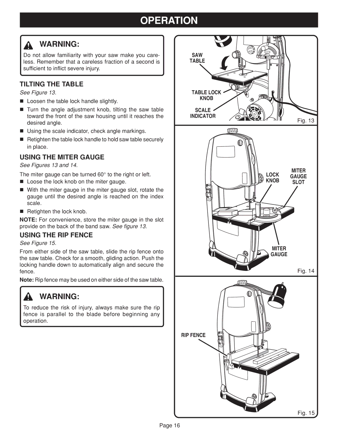 Ryobi BAND SAW manual Tilting the Table, Using the Miter Gauge, Using the RIP Fence, See Figures 13 