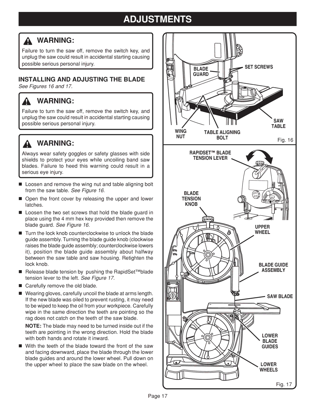 Ryobi BAND SAW manual Adjustments, Installing and Adjusting the Blade, See Figures 16, Guard SAW 