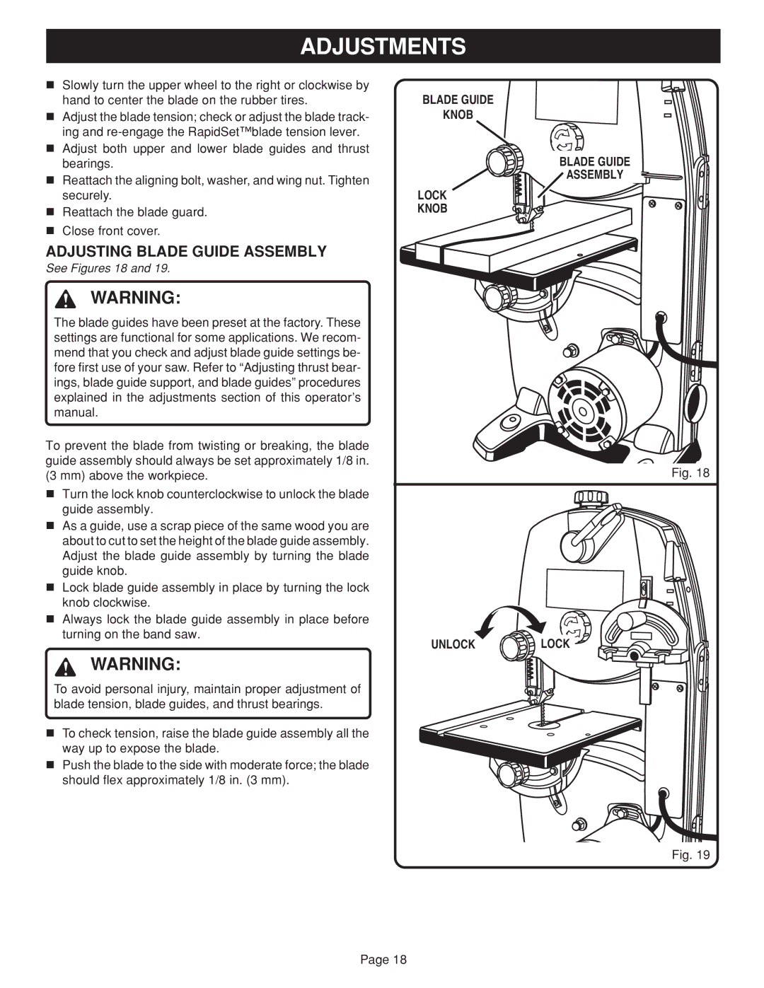 Ryobi BAND SAW manual Adjusting Blade Guide Assembly, See Figures 18, Blade Guide Knob Assembly Lock Unlock 