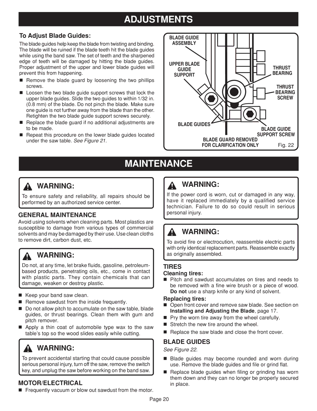 Ryobi BAND SAW manual General Maintenance, Tires, Motor/Electrical, Blade Guides 