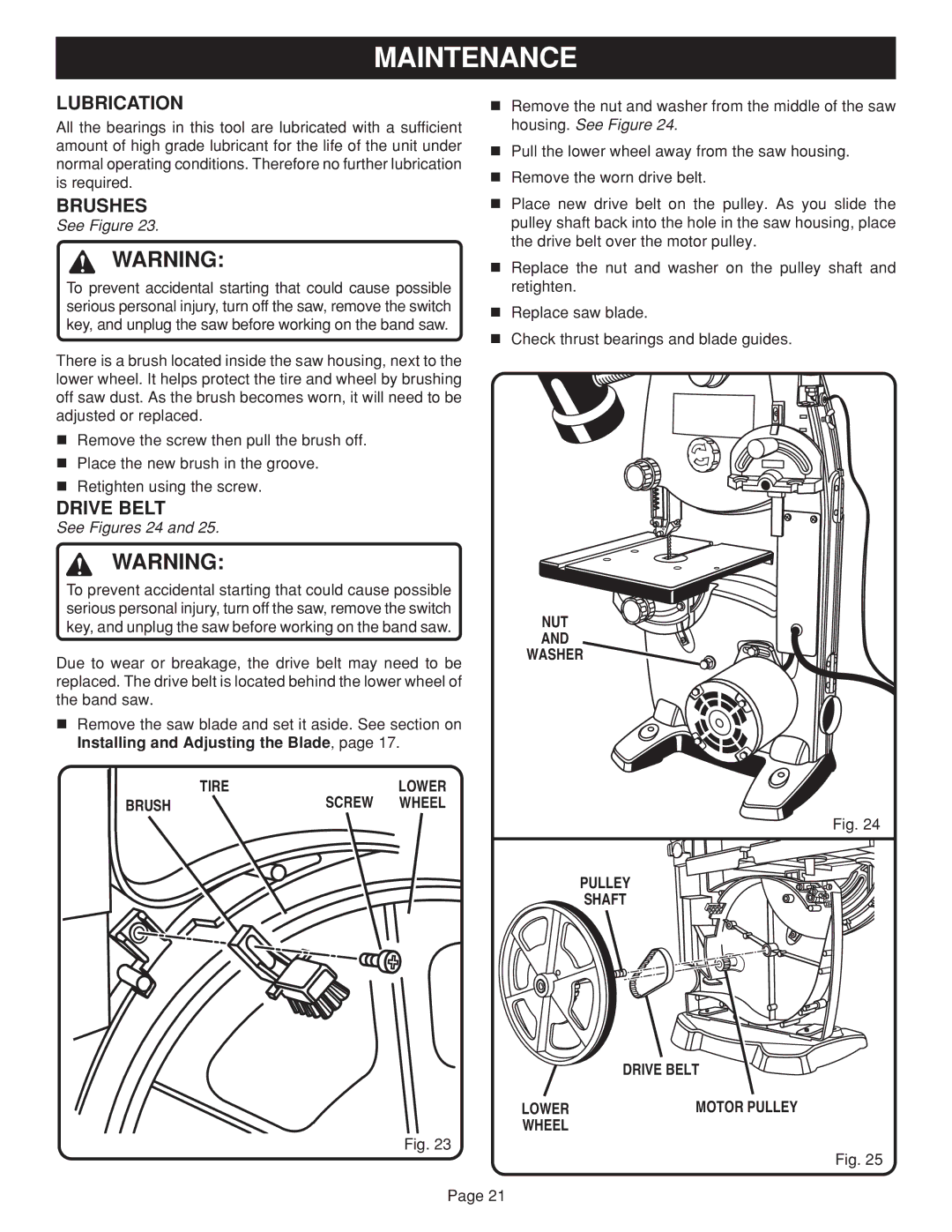 Ryobi BAND SAW manual Lubrication, Brushes, Drive Belt 