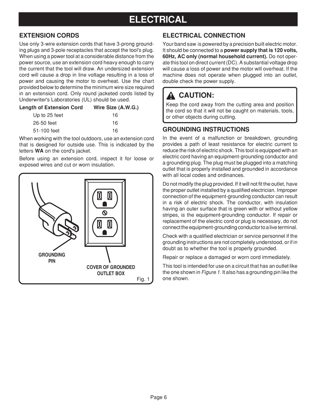 Ryobi BAND SAW manual Extension Cords, Electrical Connection, Grounding Instructions 