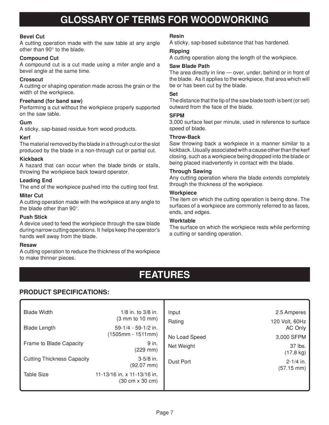 Ryobi BAND SAW manual Glossary of Terms for Woodworking, Features, Product Specifications, Sfpm 