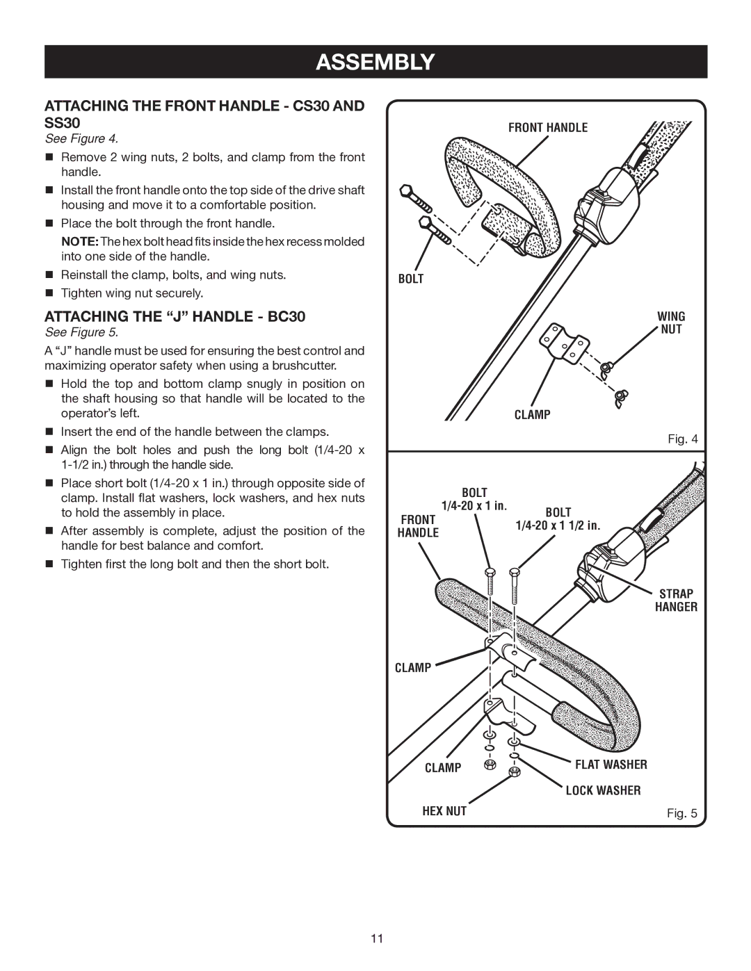 Ryobi SS30 RY30140 Attaching the Front Handle CS30 and SS30, Attaching the J Handle BC30, Front Handle Bolt Wing NUT Clamp 