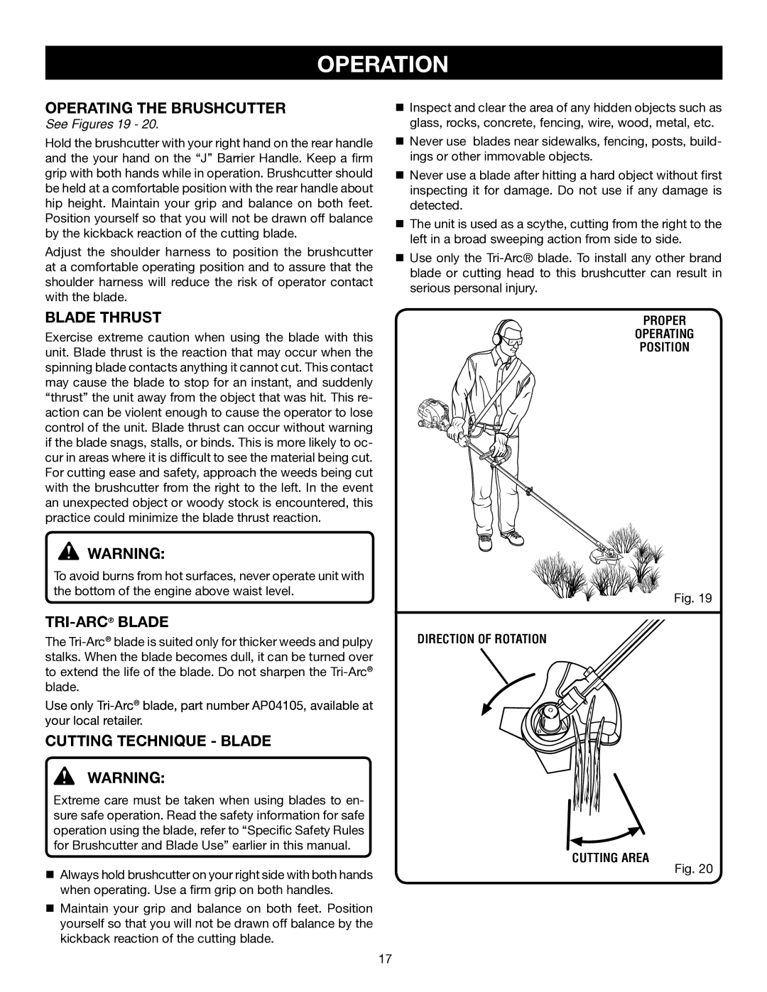 Ryobi SS30 RY30140 manual Operating the Brushcutter, Blade Thrust, Tri-Arcblade, Cutting Technique Blade, See Figures 19 