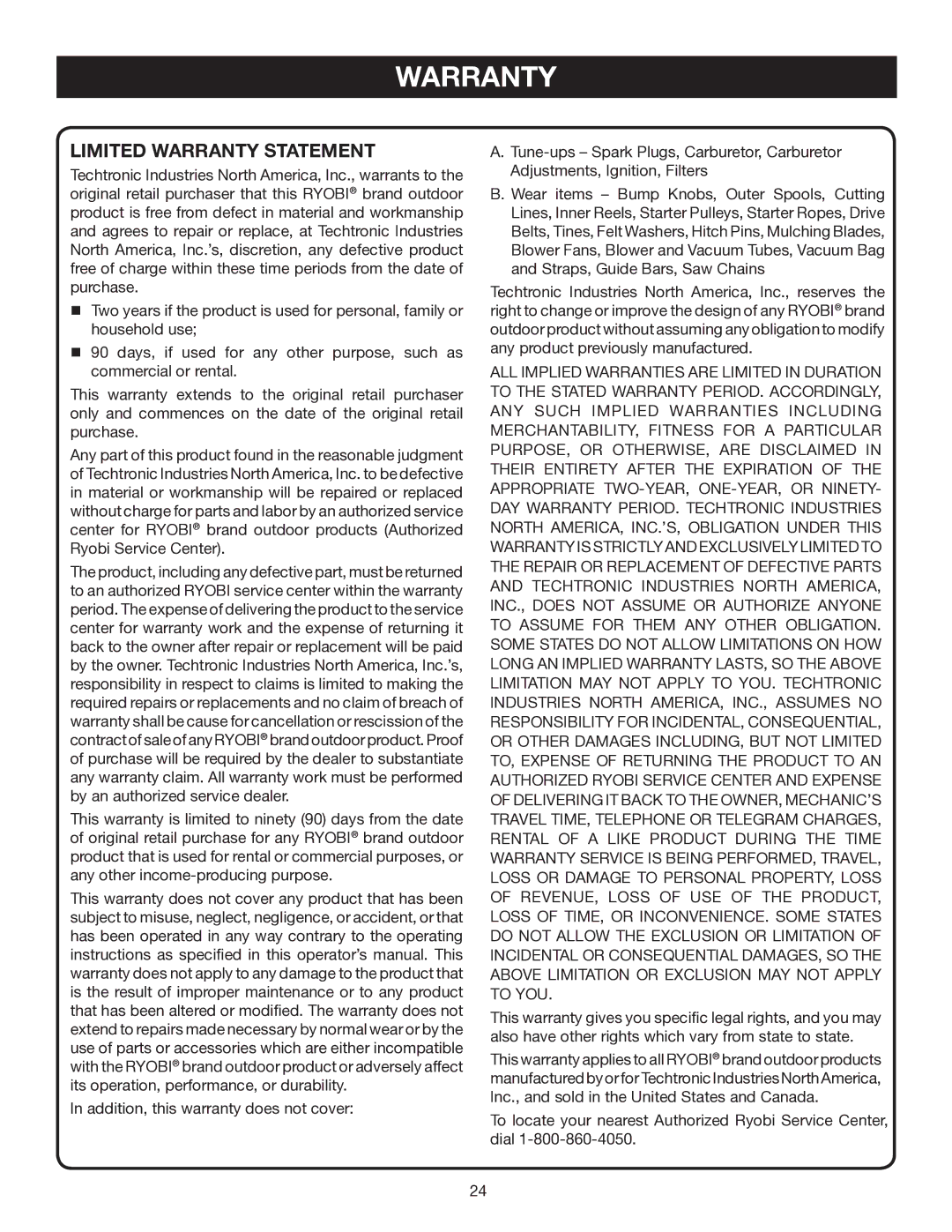 Ryobi BC30 RY30160, CS30 RY30120, SS30 RY30140 manual Limited Warranty Statement 