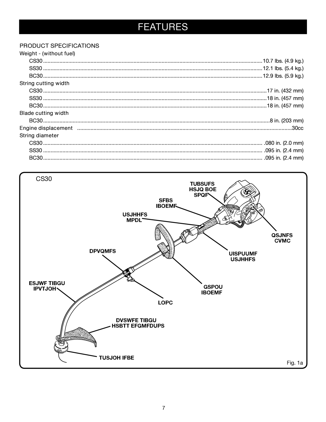 Ryobi CS30 RY30120, BC30 RY30160, SS30 RY30140 manual Features 