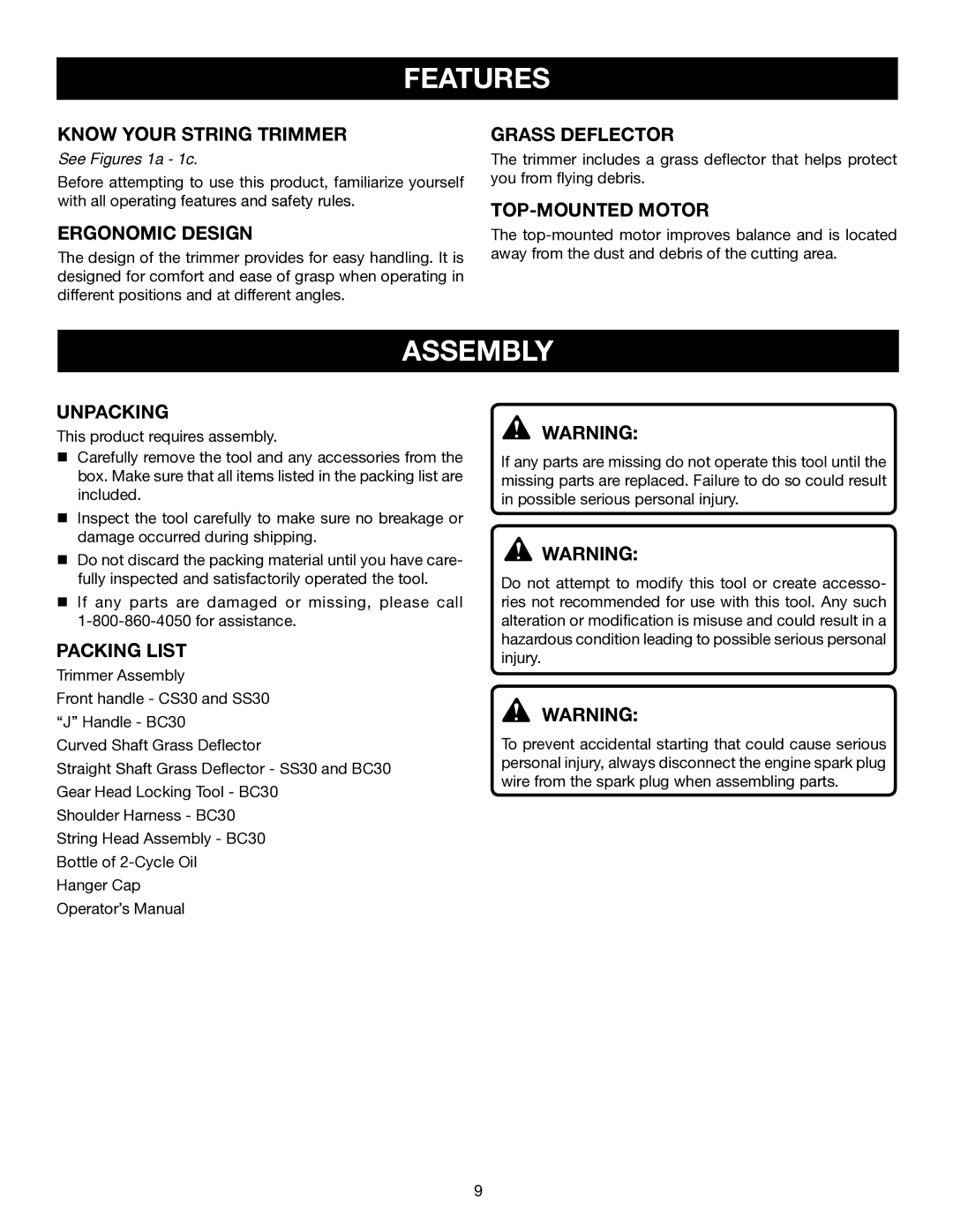 Ryobi BC30 RY30160, CS30 RY30120, SS30 RY30140 manual Assembly 