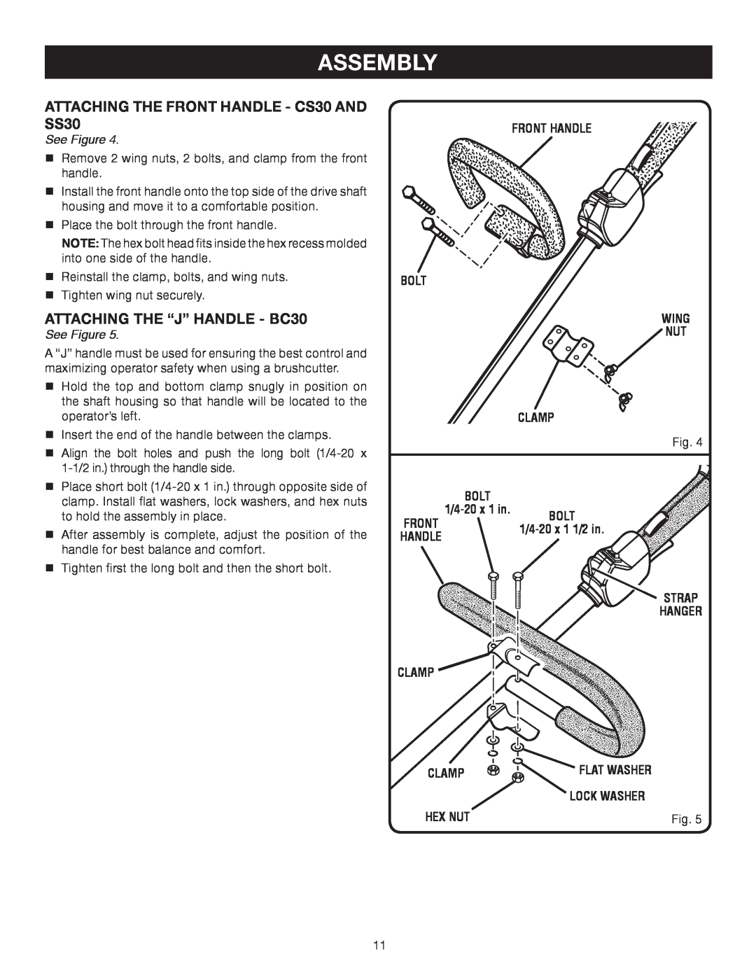 Ryobi SS30 RY30140 ATTACHING THE FRONT HANDLE - CS30 AND SS30, ATTACHING THE “J” HANDLE - BC30, Assembly, See Figure, Wing 