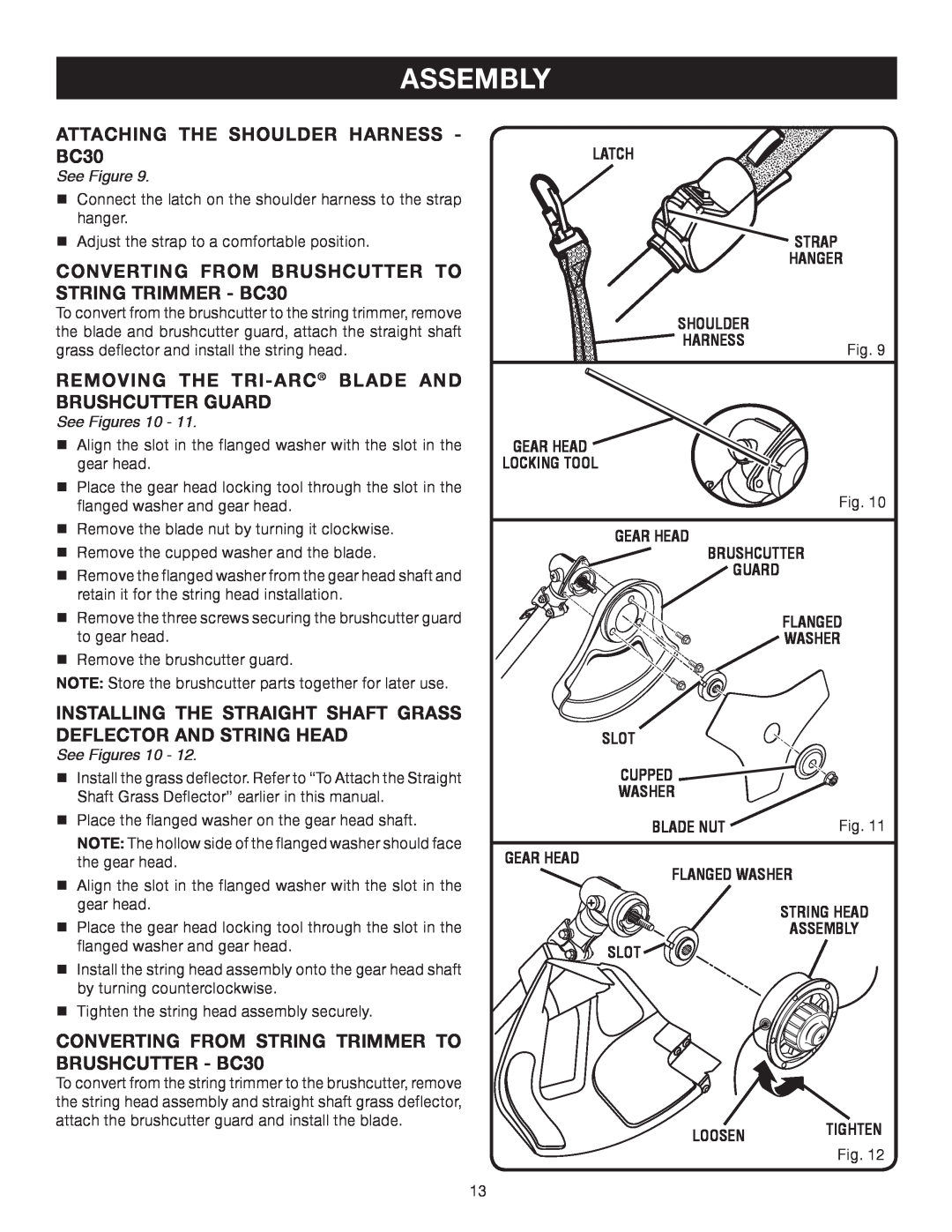 Ryobi CS30 RY30120 manual ATTACHING THE SHOULDER HARNESS - BC30, Removing The Tri-Arc Blade And Brushcutter Guard, Assembly 