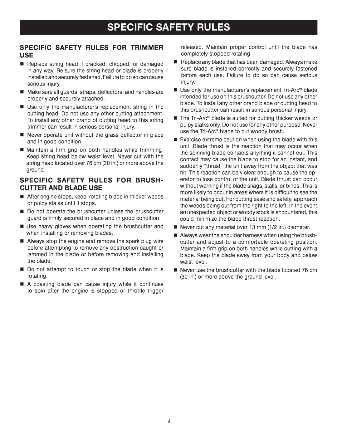 Ryobi CS30 RY30120, BC30 RY30160, SS30 RY30140 manual Specific Safety Rules For Trimmer Use 