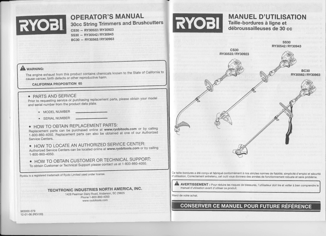 Ryobi CS30, bc30 D6broussailleusesde 30 cc, OHoWToOBTAINCUSTOMERoRTECHNOALSUPPORT, Techtronicindustriesnorthamericainc 