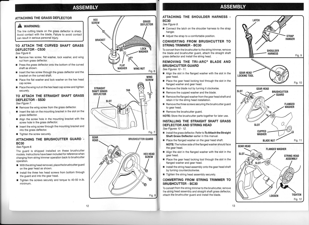 Ryobi ry30522, bc30 SLoT@, Unrulnc, Attachingthe SHOULDERHARNESS- 1 BC30, To Attachthe Curvedshaftgrass DEFLECTOR- Csso 