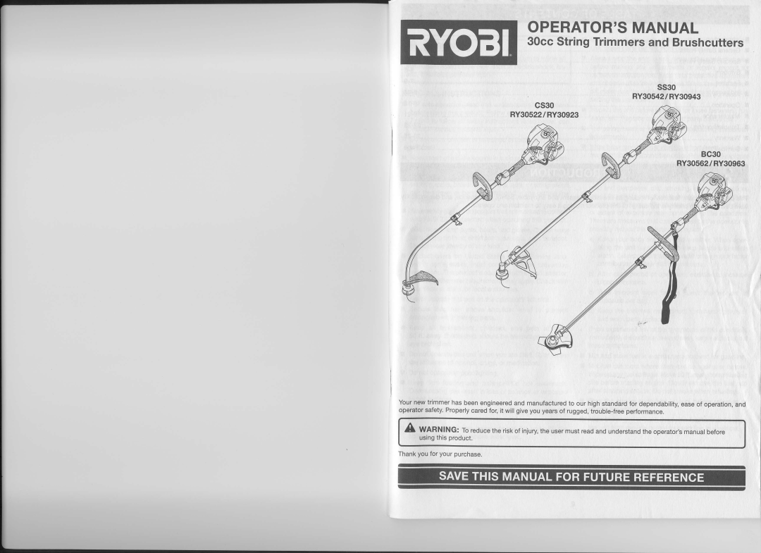 Ryobi ry30522 manual Operatorsmanual, O E 30ccStringTrimmersand Brushcutters, ss30, RY30542/RY30943 BC30 RY30562/RY30963 