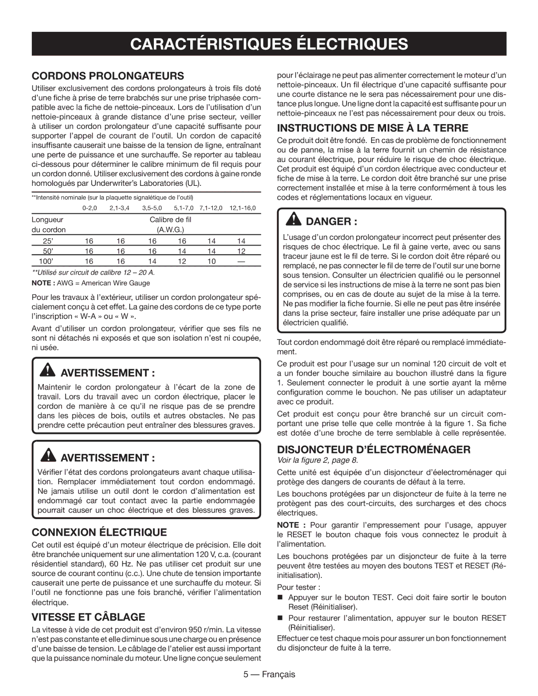 Ryobi BC400 Caractéristiques Électriques, Avertissement , Vitesse ET Câblage, Disjoncteur D’ÉLECTROMÉNAGER 