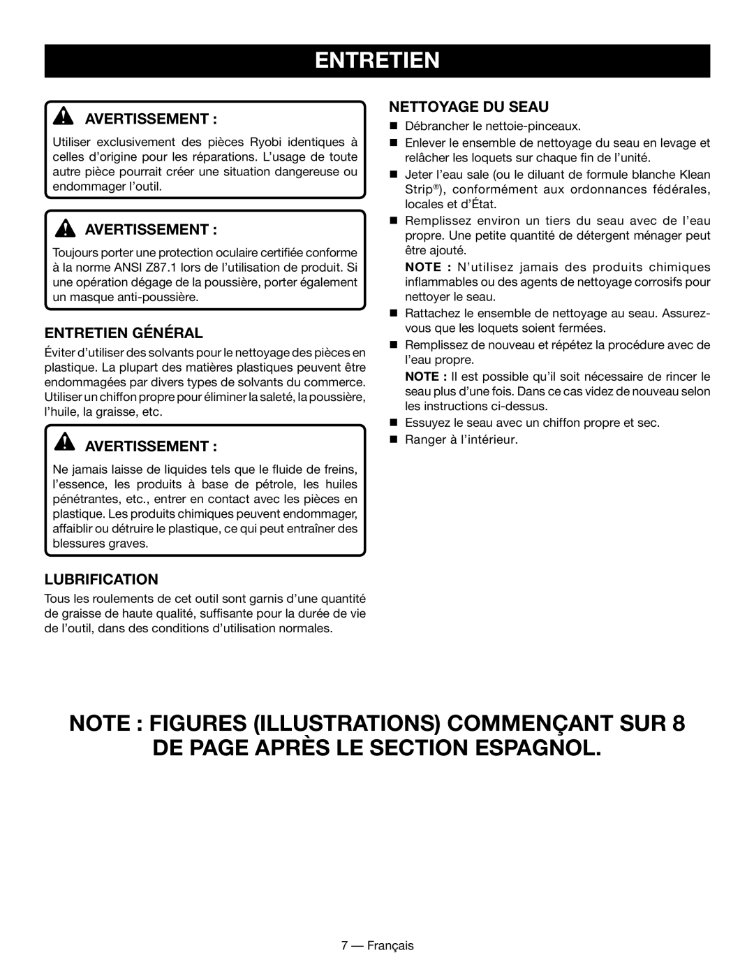 Ryobi BC400 manuel dutilisation Entretien Général, Lubrification, Nettoyage du seau 