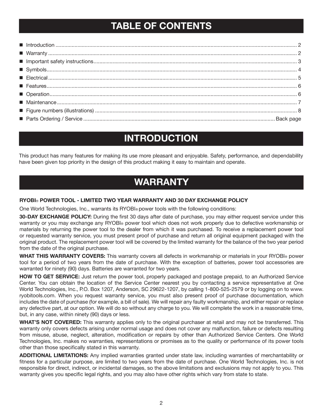 Ryobi BC400 manuel dutilisation Introduction, Warranty 