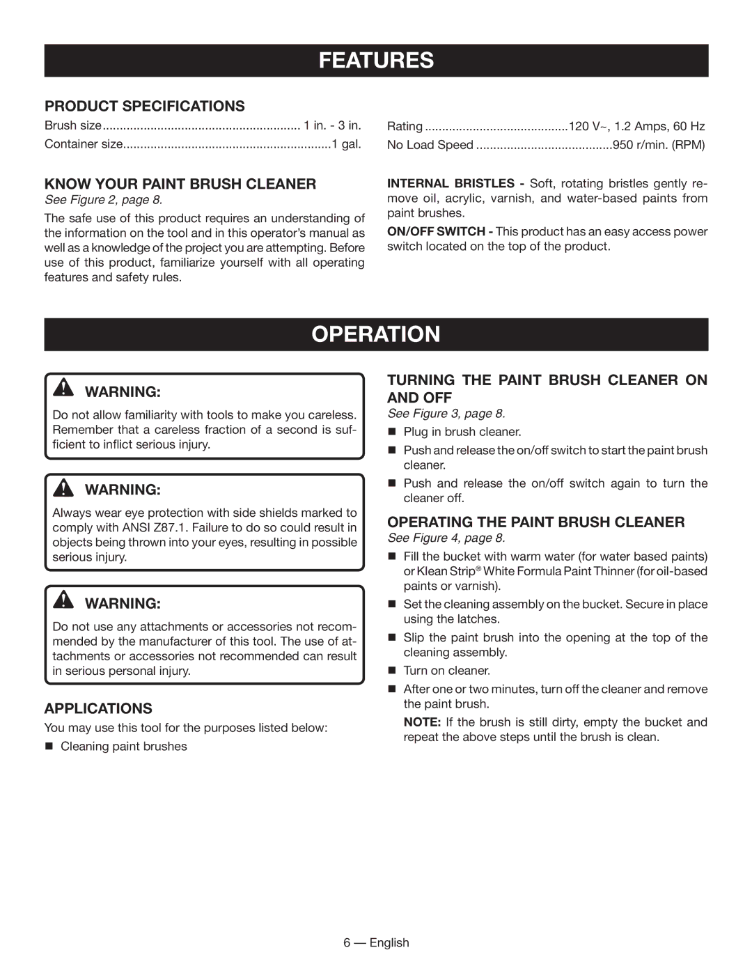 Ryobi BC400 Features, Operation, Product Specifications, Applications, Operating the Paint Brush Cleaner 