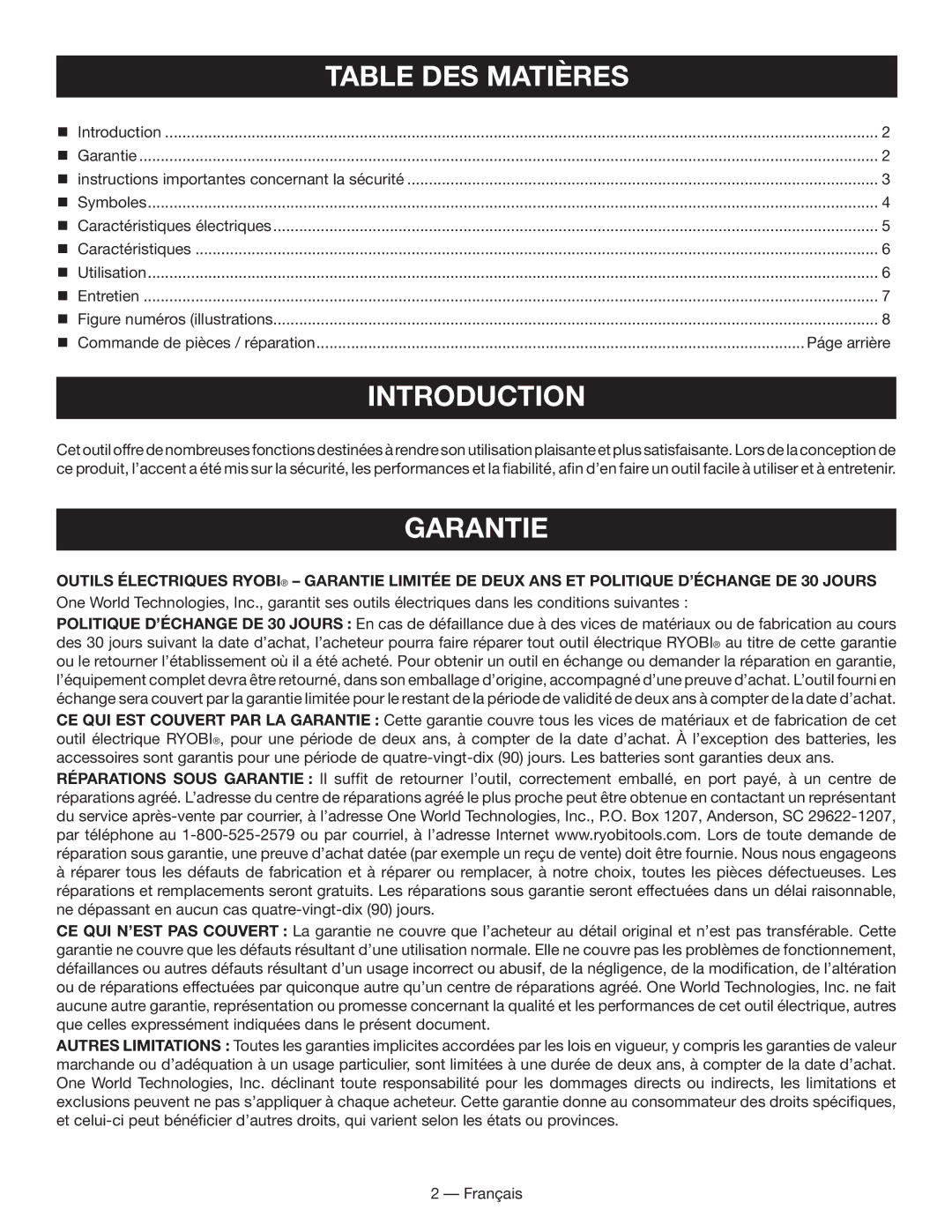 Ryobi BC400 manuel dutilisation Table DES Matières, Garantie 