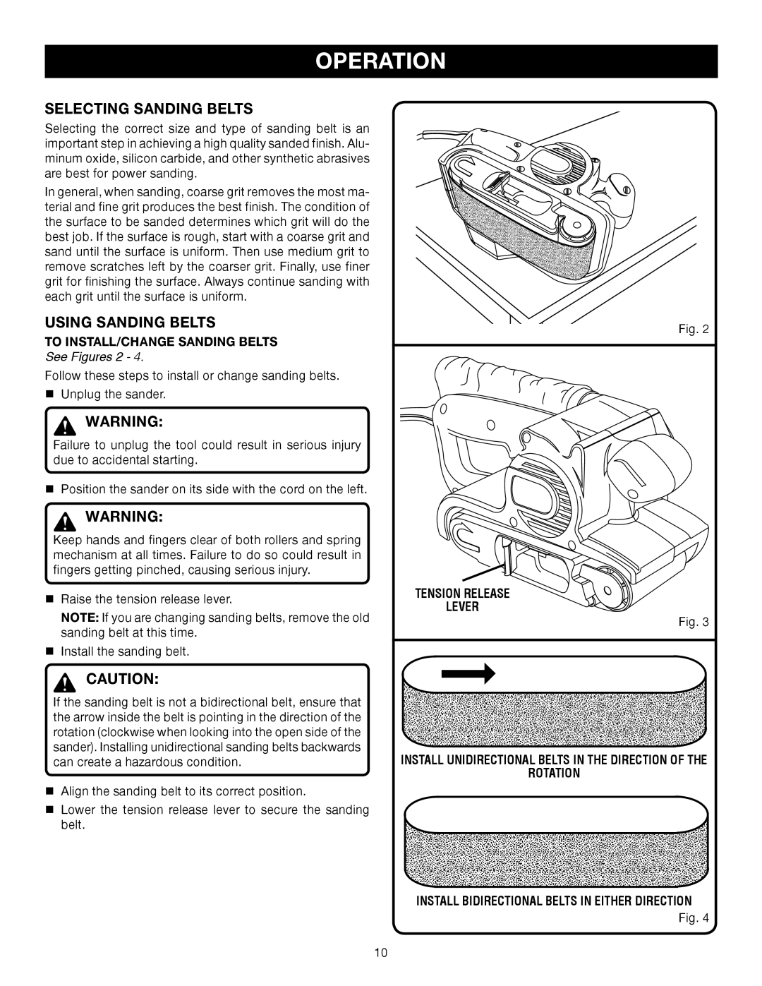 Ryobi BE318-2 manual Selecting Sanding Belts, Using Sanding Belts 