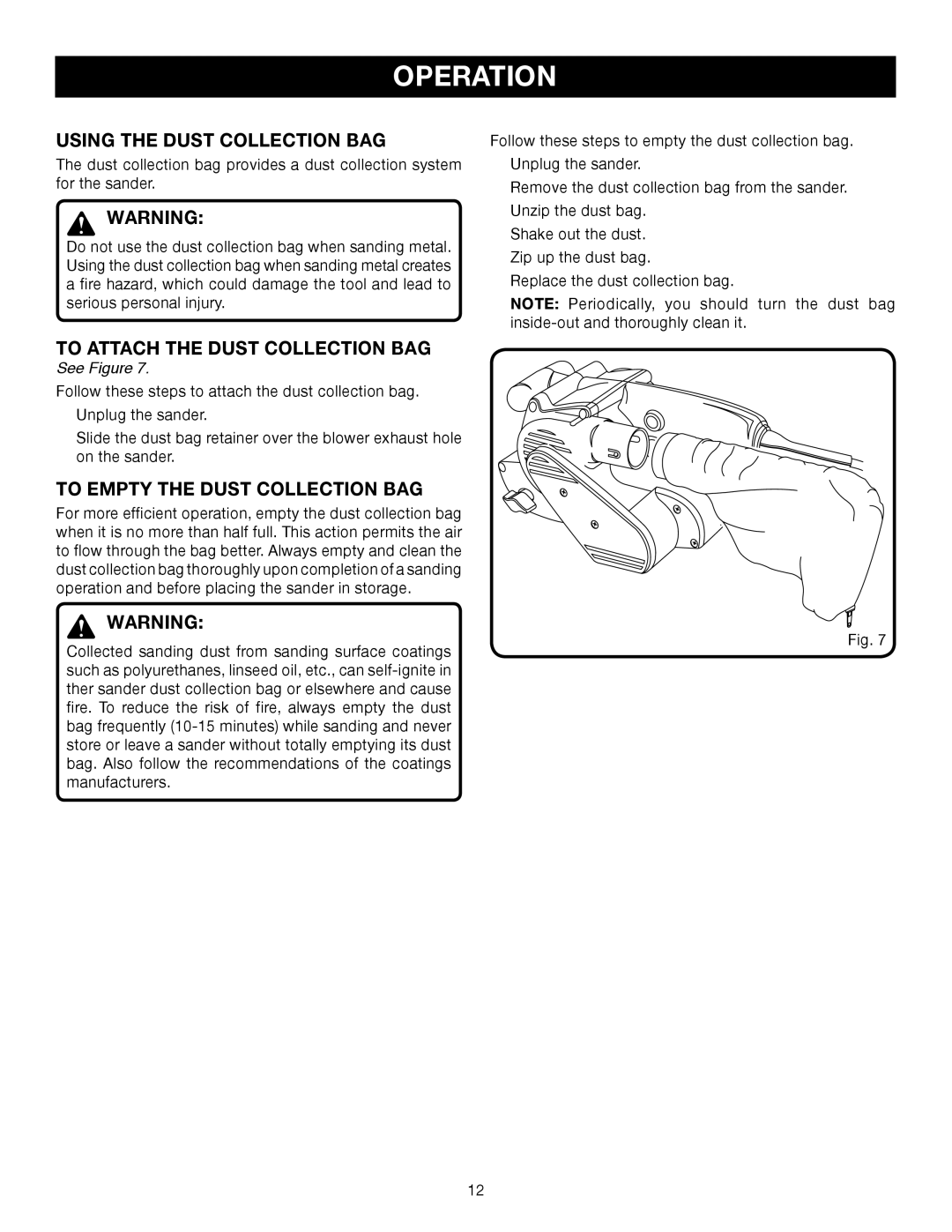 Ryobi BE318-2 manual Using the Dust Collection BAG, To Attach the Dust Collection BAG, To Empty the Dust Collection BAG 