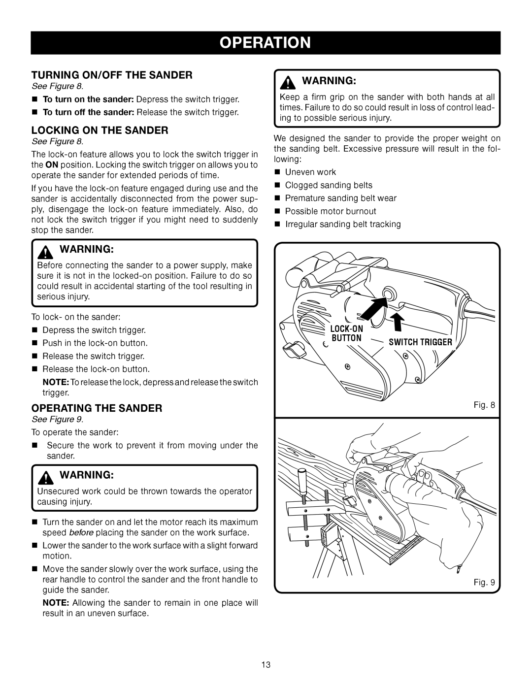 Ryobi BE318-2 manual Turning ON/OFF the Sander, Locking on the Sander, Operating the Sander 