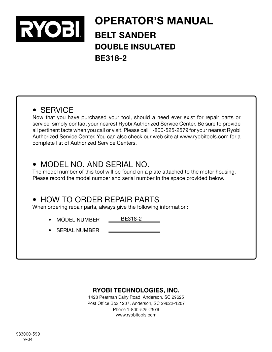 Ryobi BE318-2 manual Service Model NO. and Serial no 