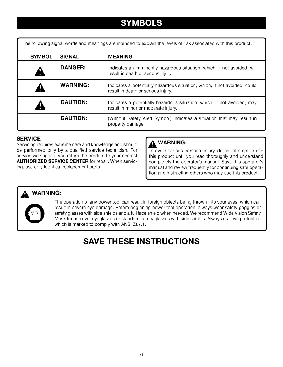 Ryobi BE318-2 manual Symbol Signal Meaning 