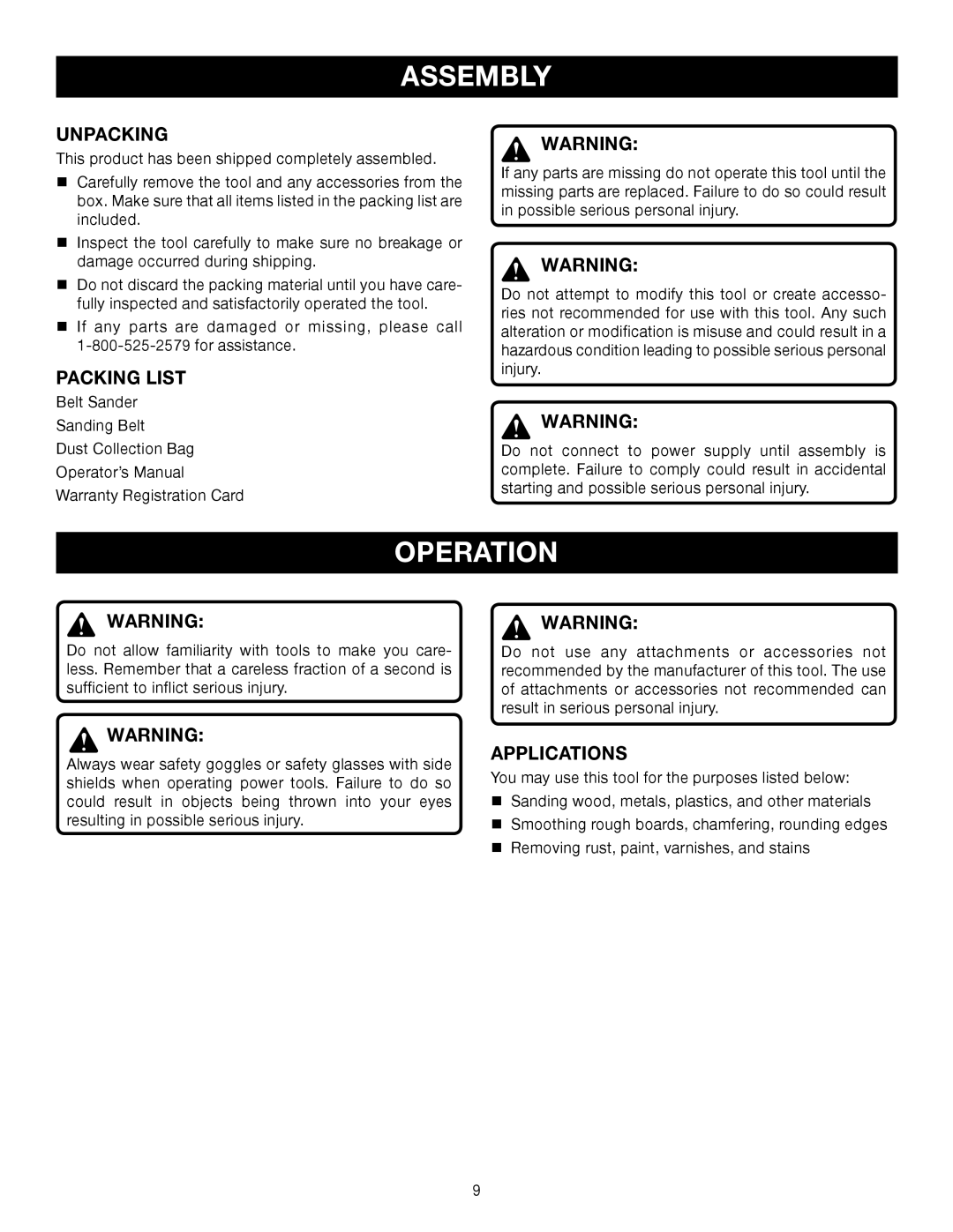 Ryobi BE318-2 manual Assembly, Operation, Unpacking, Packing List, Applications 